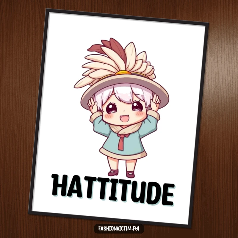 Funny poster artwork of a character joyfully wearing a ridiculously large, feathered hat, embodying playful drama and fashionable flair.