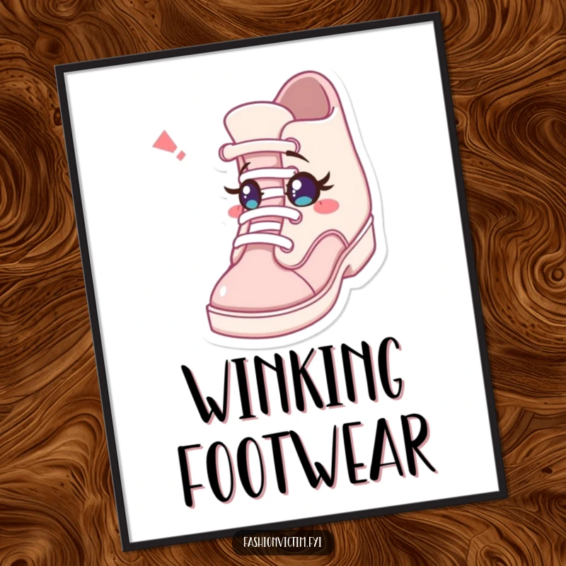 Funny poster artwork of a character looking astonished at a shoe winking with a tiny eye, capturing a whimsical and humorous moment.