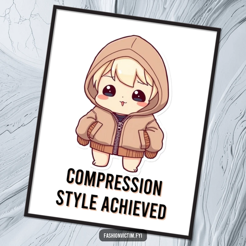 Funny Poster: A character straining to close a jacket that is clearly several sizes too small, seams popping, illustrating fashion absurdity.