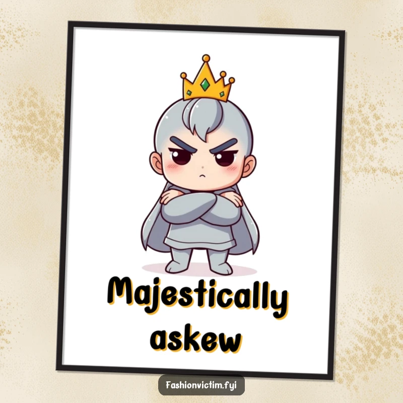 Funny poster art of a character dramatically posing with crossed arms and a comically tiny crown perched askew.