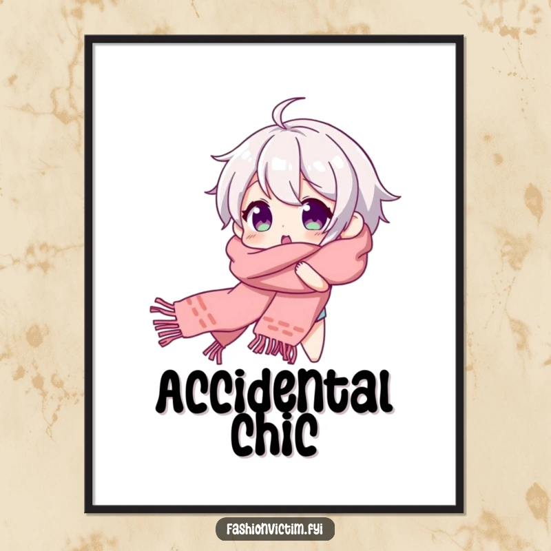 Funny poster art of a character joyfully tangled in a long scarf, beaming with comical surprise.