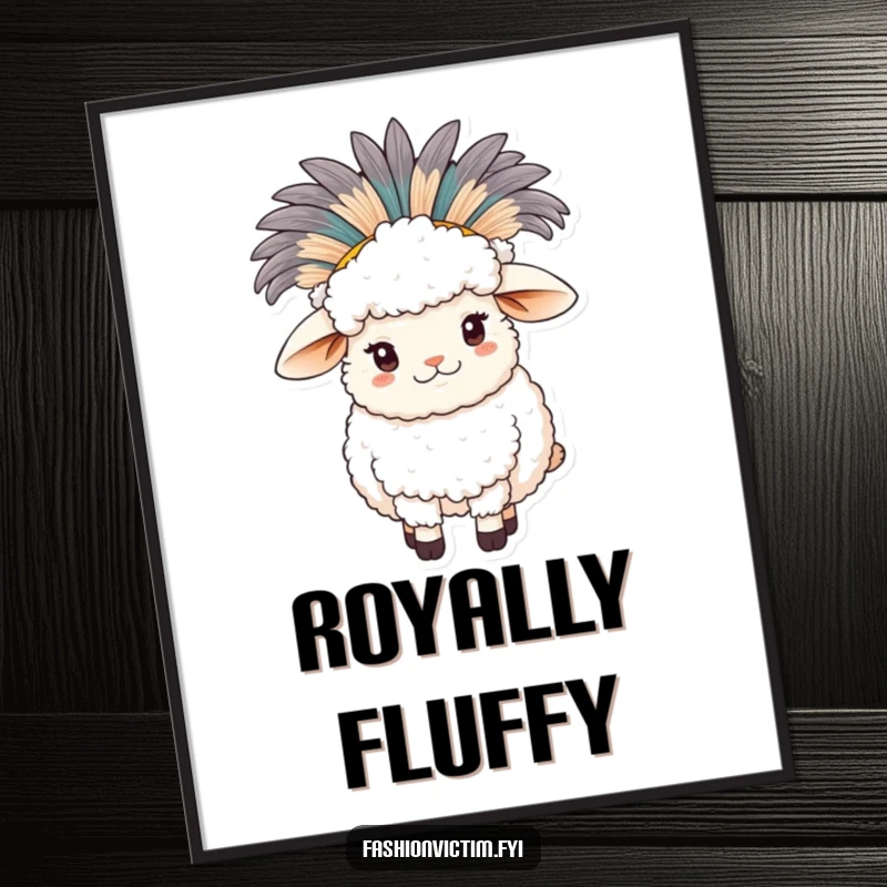 Funny sheep poster, a fluffy sheep wearing an elaborate feathered hat, whimsical wall art, farm animal theme.