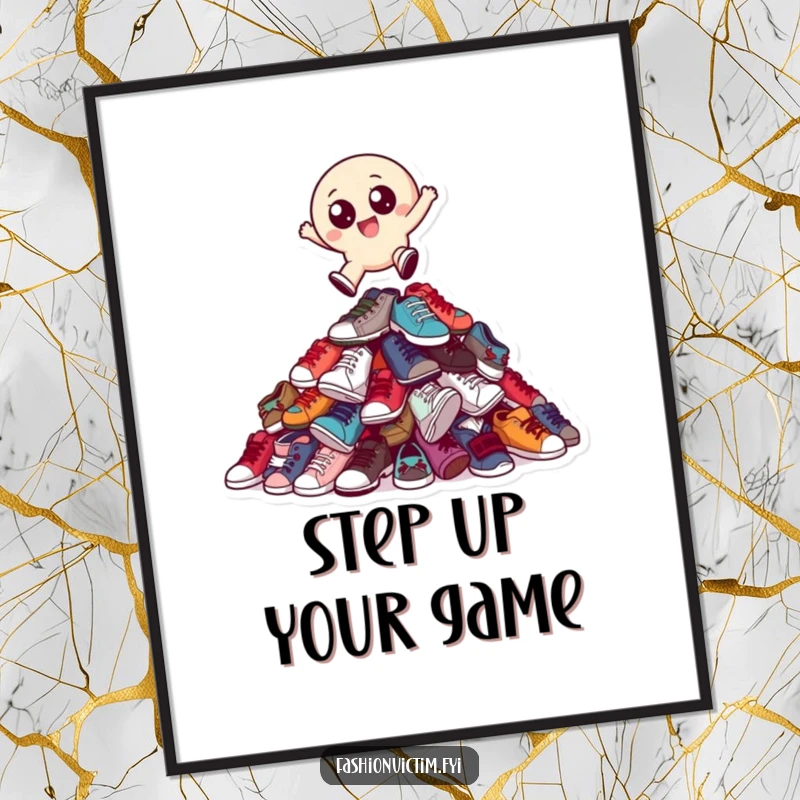 Funny poster print of a small, round character with big eyes joyfully leaping over a towering pile of mismatched shoes.