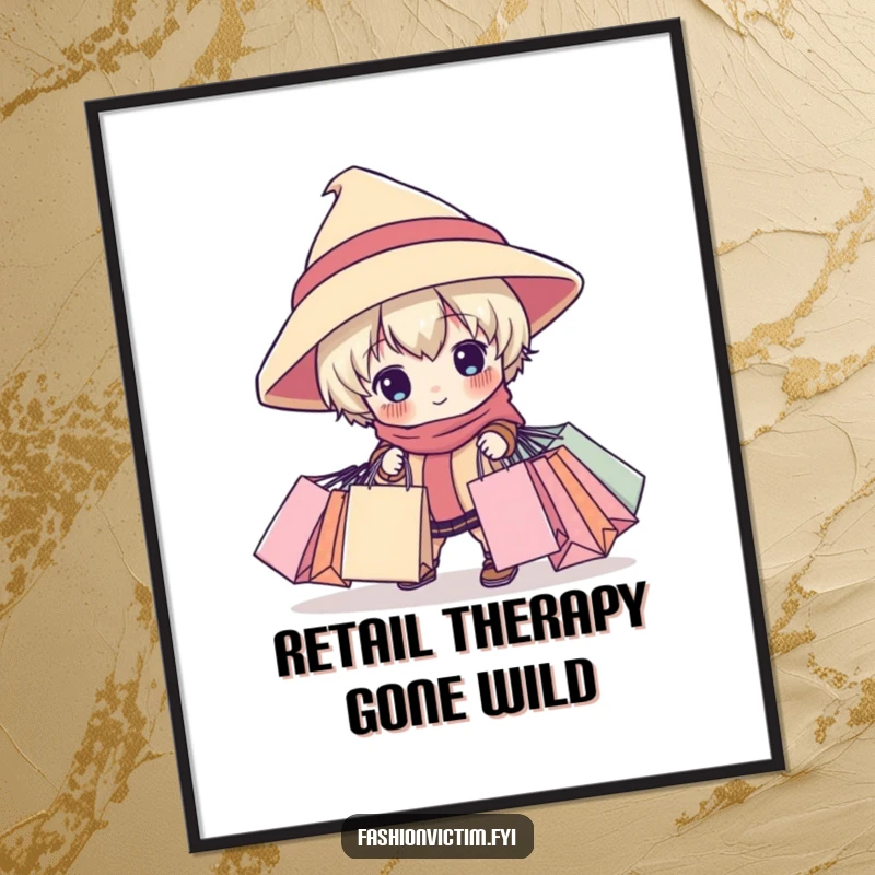 Funny poster print of a child character in an oversized hat tripping over shopping bags, a comical and relatable scene for home decor.