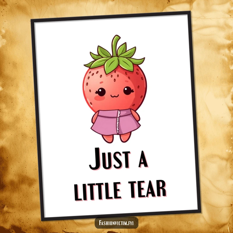 Funny poster print of a shy strawberry wearing a fashionable dress that has a ripped seam, looking endearing.