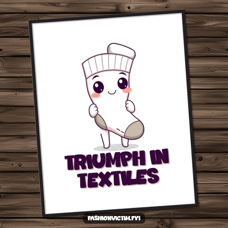 Funny poster art of a character with a triumphant grin, proudly holding up one perfectly matched sock, celebrating laundry success.