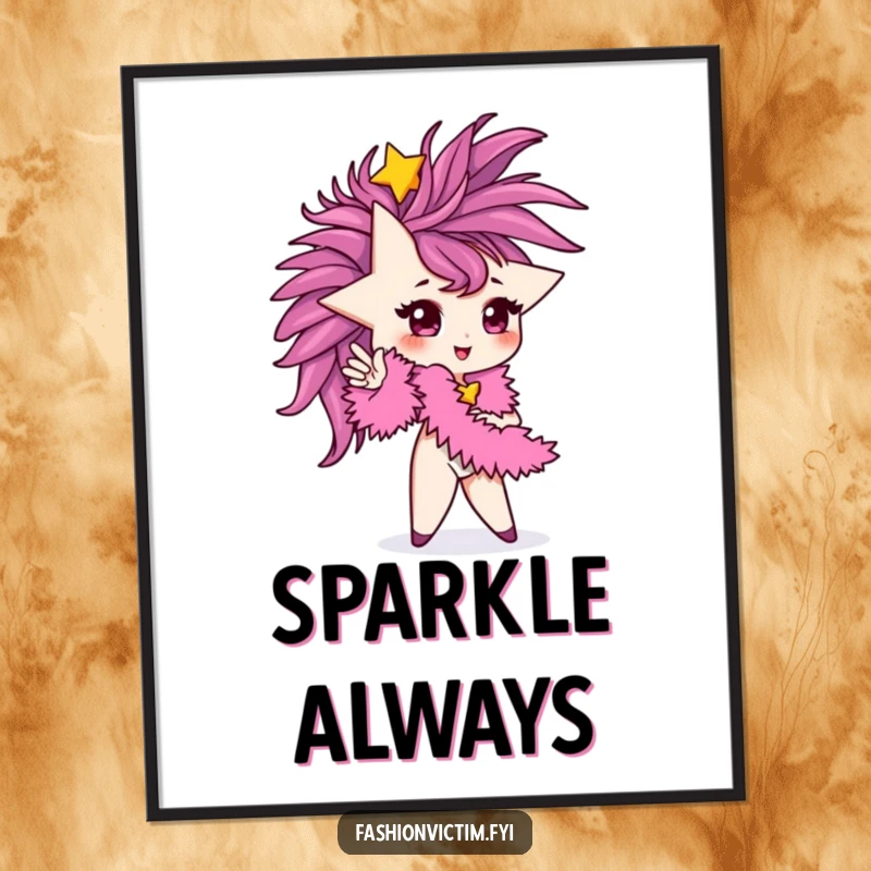 Funny Poster of a tiny star character striking a confident, glamorous pose, adorned with a vibrant feather boa.