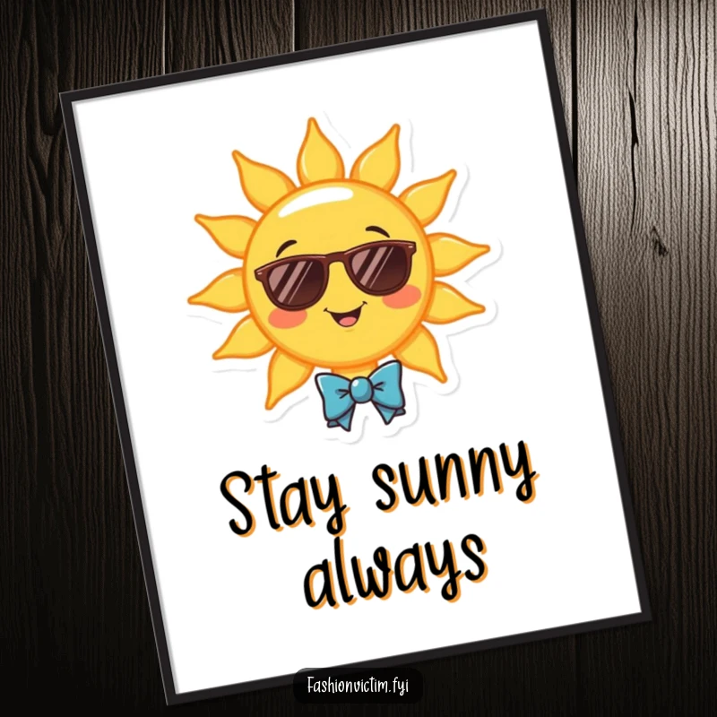 Funny poster of a cheerful smiling sun wearing sunglasses and a tiny bowtie. Humorous wall art gift.