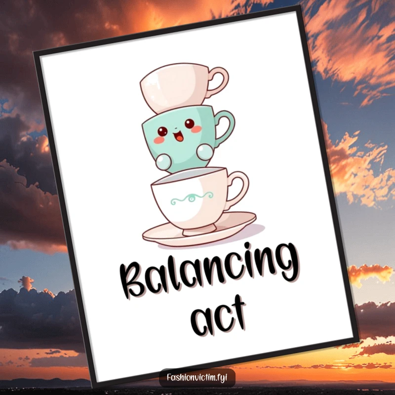 Funny teacup poster, a bewildered teacup balancing a stack of teacups, whimsical wall art, tea theme.