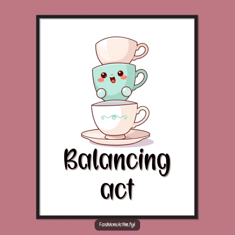 Funny Teacup Balancing Poster: Whimsical Wall Art for a Touch of Tea Time Humor