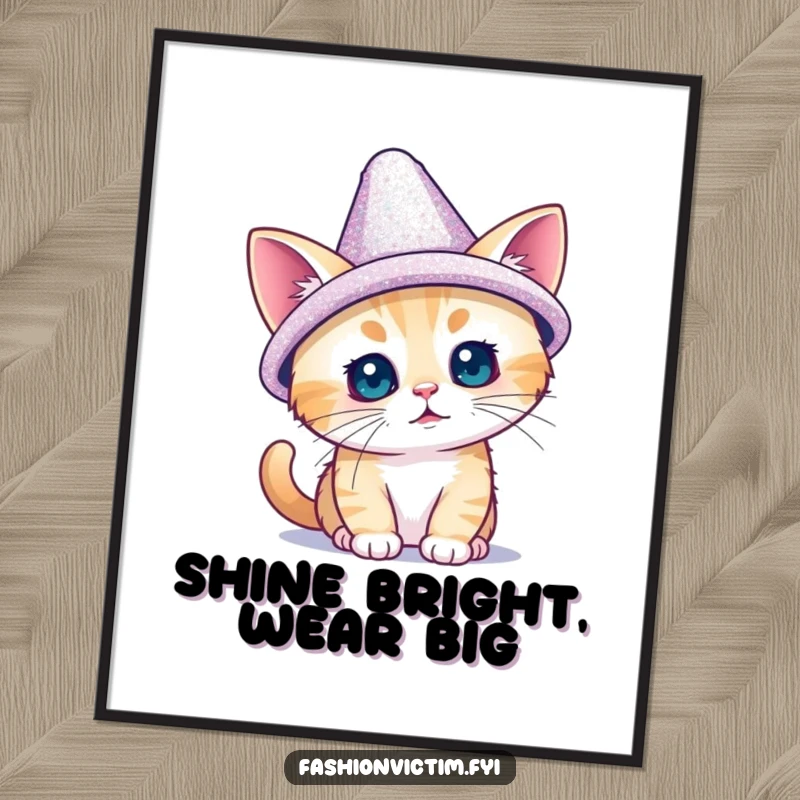 Funny art print of a tiny cat attempting to wear a large, dazzling, sparkly hat; captures a moment of adorable feline fashion.