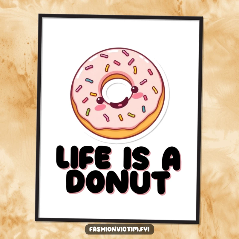 Funny Kawaii donut poster, a cheerful donut spinning with sprinkles, vibrant and humorous wall art for a happy atmosphere.