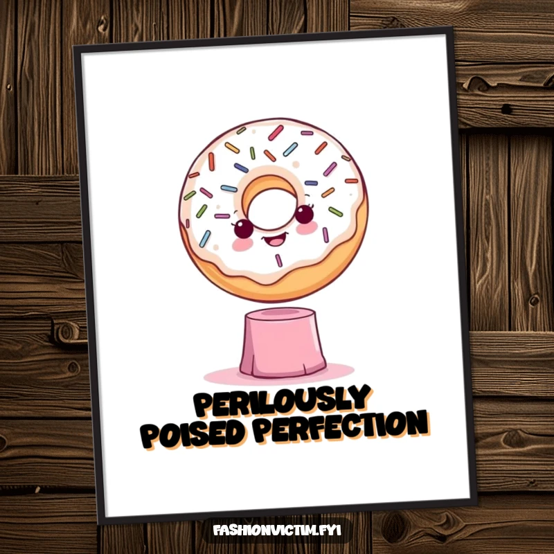 Funny poster art of a dramatic donut with sprinkles posing grandly on a precarious tiny pedestal, adding humor to any room.