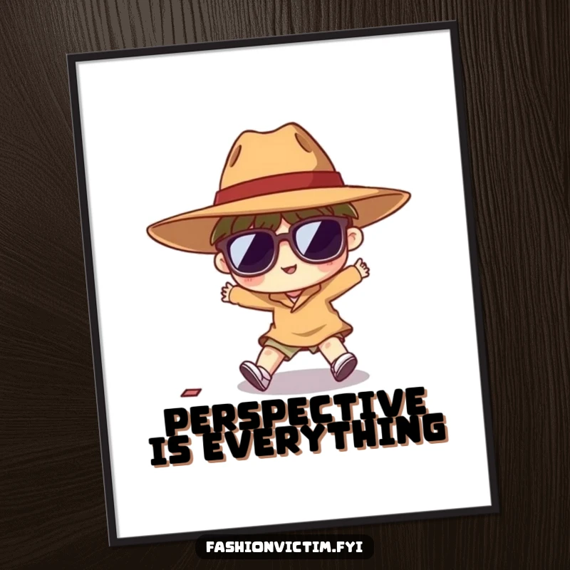 Funny poster of a tiny character hilariously tripping, dramatically wearing an oversized hat and large sunglasses, creating a humorous scene.