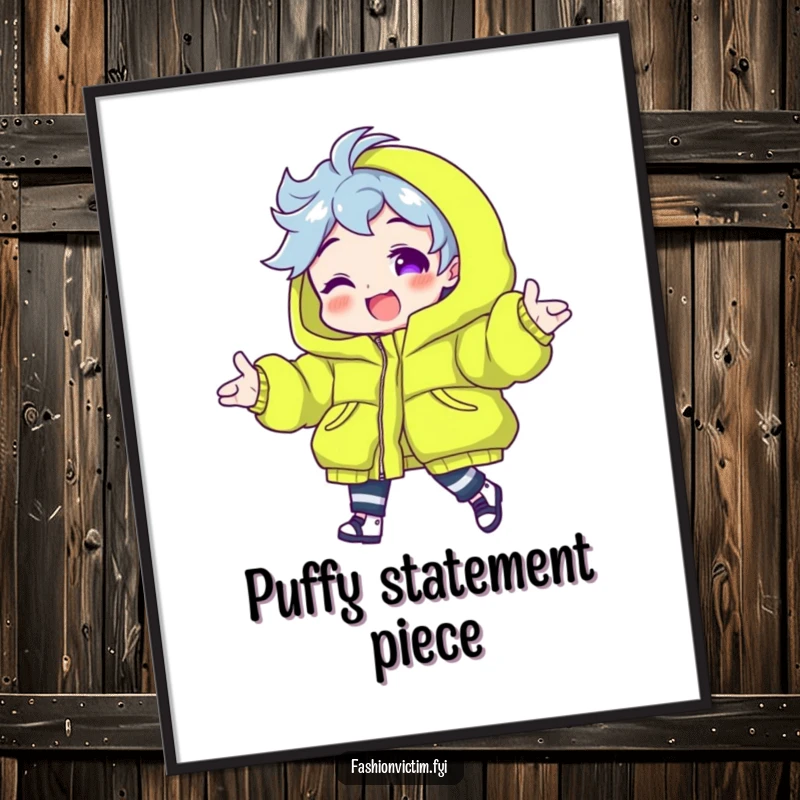 Funny poster depicting a character excitedly modeling a neon green puffy jacket, perfect for adding vibrant fashion humor to walls.