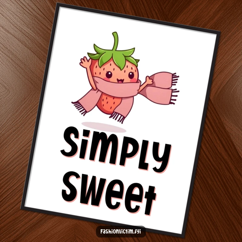 Funny poster of a tiny strawberry character excitedly waving a miniature stylish scarf. Humorous wall art gift.