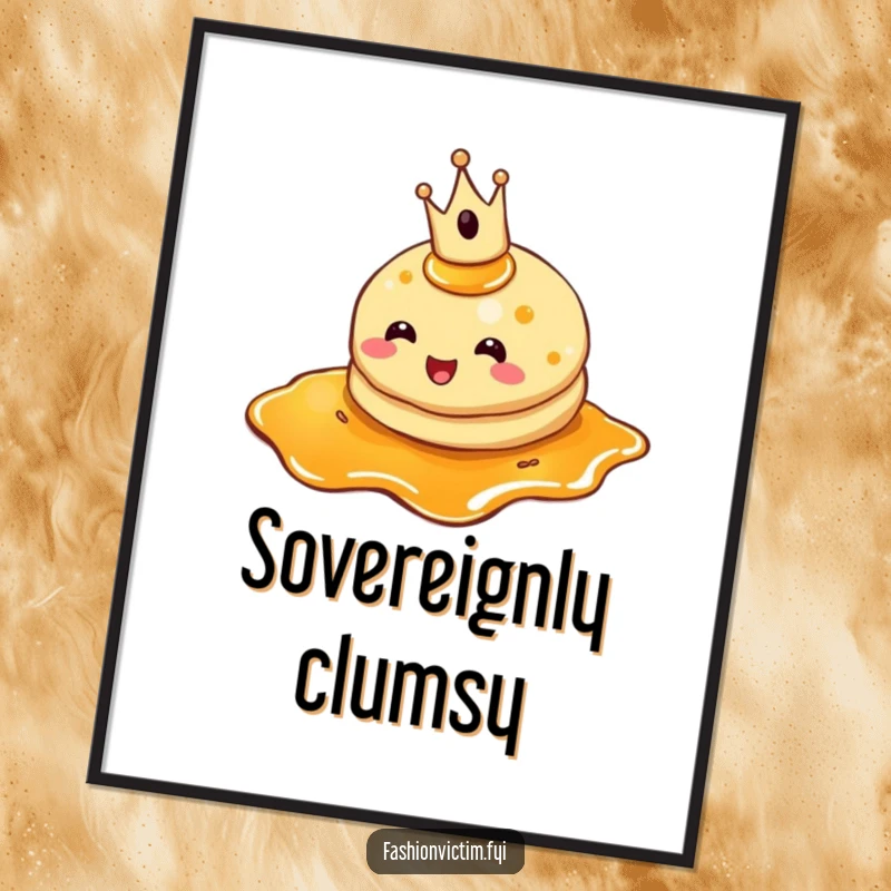 Funny pancake poster, a cheerful pancake with a tiny crown, tripping in syrup, whimsical food art.