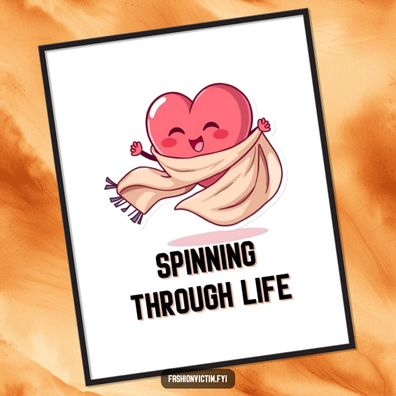 Funny Poster of a stylized heart character gleefully spinning a colorful, flowing fabric scarf. Energetic and joyful.