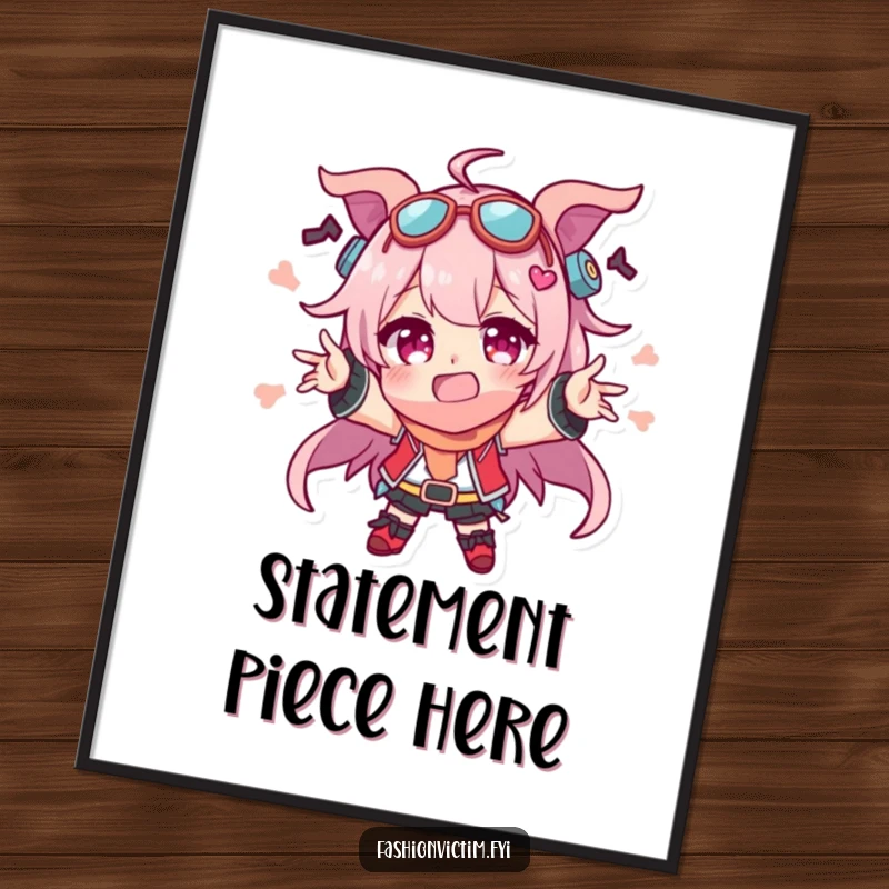 Funny poster art of a character gesturing wildly, adorned with a comical assortment of mismatched accessories, bringing hilarious energy to any wall space.