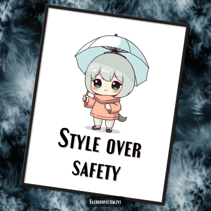 Funny poster art of a character confidently posing with a comically tiny umbrella, conveying a humorous message of brave, stylish preparedness for all.