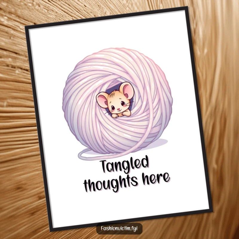 Funny mouse poster, a tiny mouse comically tangled in a giant shimmering ball of yarn, whimsical wall art.