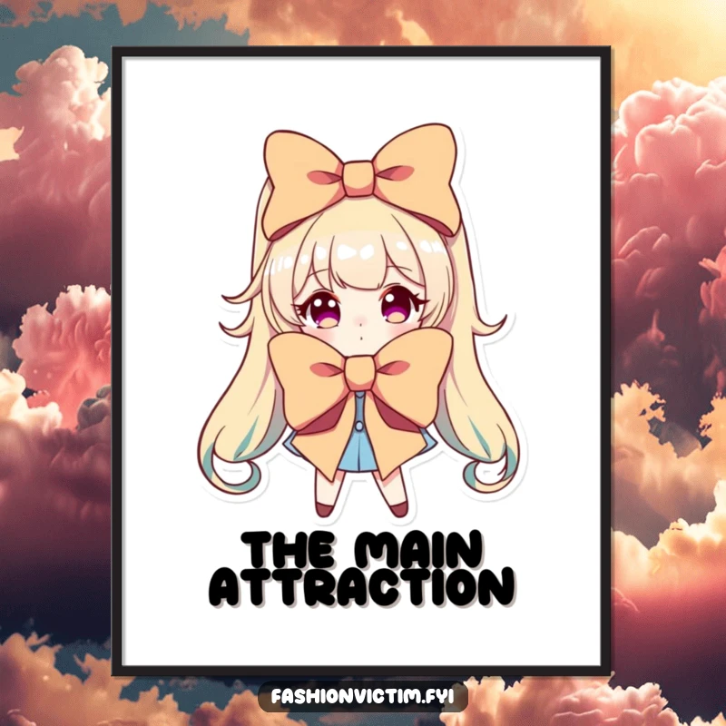 Funny poster of a character dramatically posing with a comically oversized and brightly colored bow, full of theatrical energy.