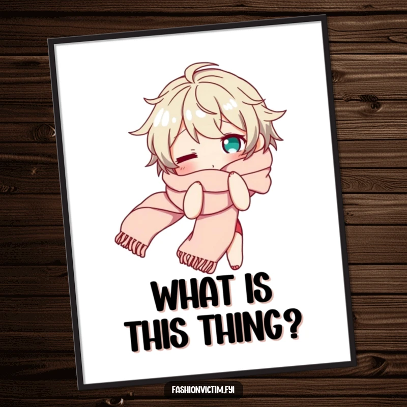 Funny poster art of a character looking bewildered while tangled in a long, flowing scarf, a humorous piece for eclectic decor.