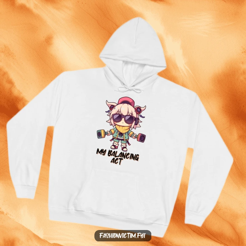 Funny hoodie depicting a character trying to balance various weird accessories, great for comfort and a humorous statement.