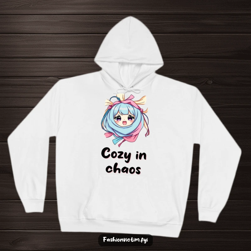 Funny hoodie of a character happily caught in colorful fabric, looking surprised and delighted, embodying cozy and joyful entanglement.