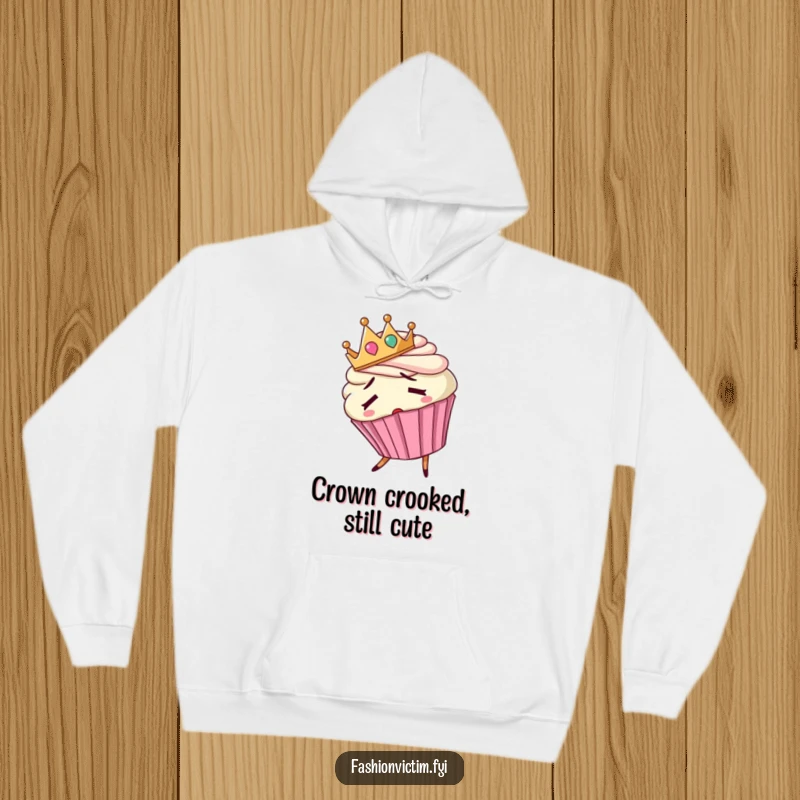 Funny hoodie of a confused cupcake wearing a tiny crown backwards and tripping, looking adorably lost.