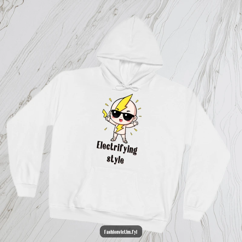 Funny Hoodie featuring a cute lightning bolt character striking a dramatic, fashionable pose, perfect for staying warm.