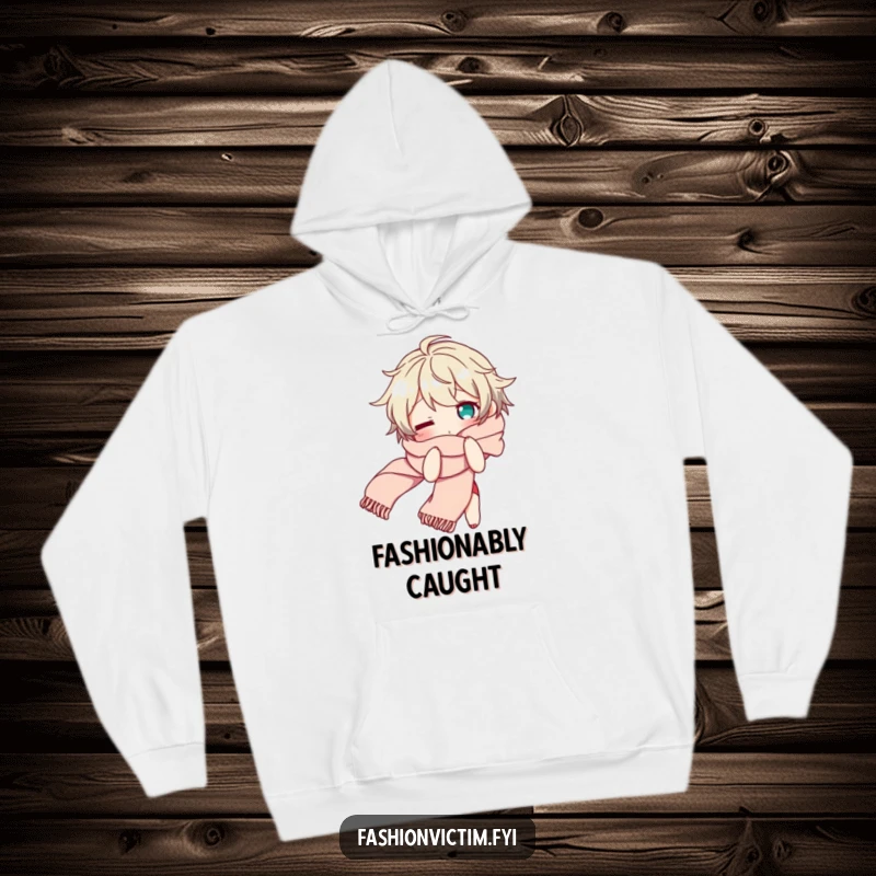 Funny hoodie depicting a character looking bewildered while tangled in a long, flowing scarf, a humorous garment for comfort and laughs.
