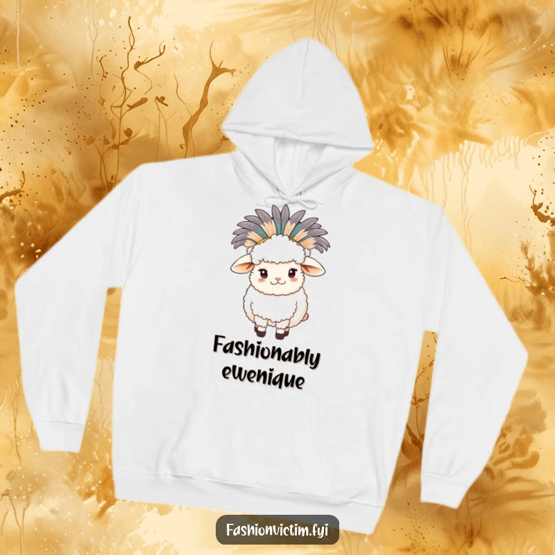 Funny sheep hoodie, a fluffy sheep wearing a ridiculously large feathered hat, cozy and humorous apparel.