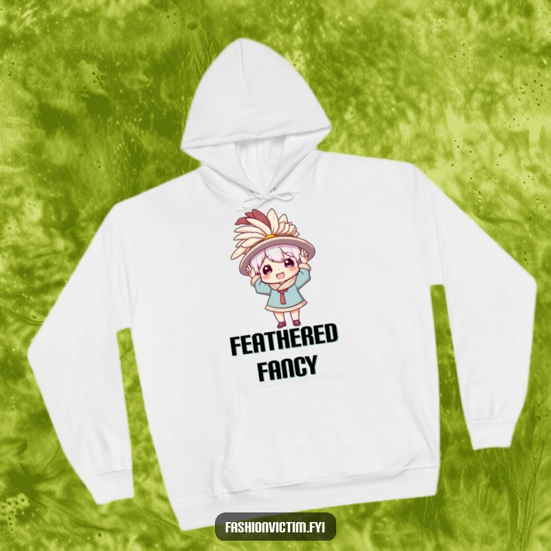 Funny hoodie design of a character happily wearing a comically large, feathered hat, embodying playful extravagance and cozy comfort.