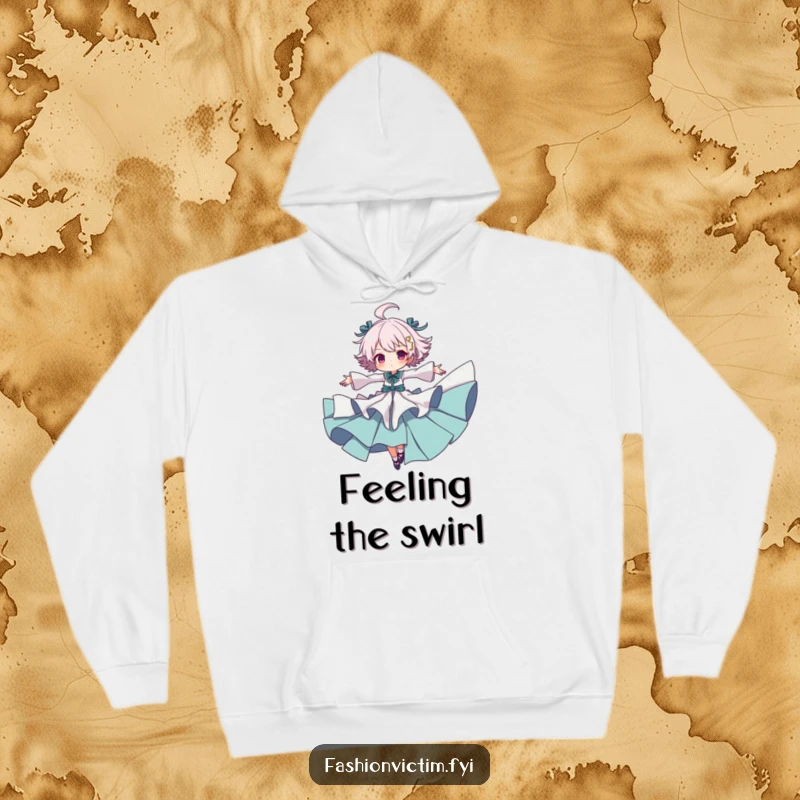 Funny hoodie of a character in elaborately ruffled attire doing a joyful spin with arms outstretched, embodying dramatic expression and movement.