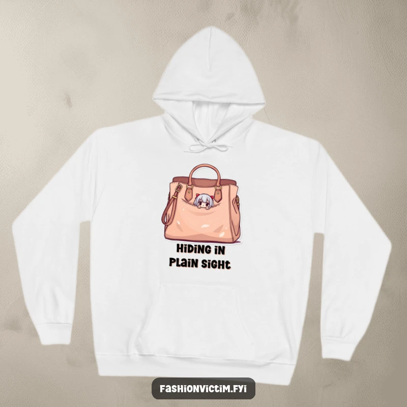 Funny hoodie depicting a tiny character peeking from a giant, stylish, slightly damaged handbag, a humorous garment for fashion enthusiasts.