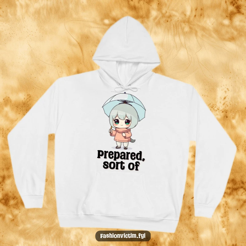 Funny hoodie showcasing a character in a confident stance, armed with a tiny, impractical umbrella, radiating humorous self-assurance and quirky charm.
