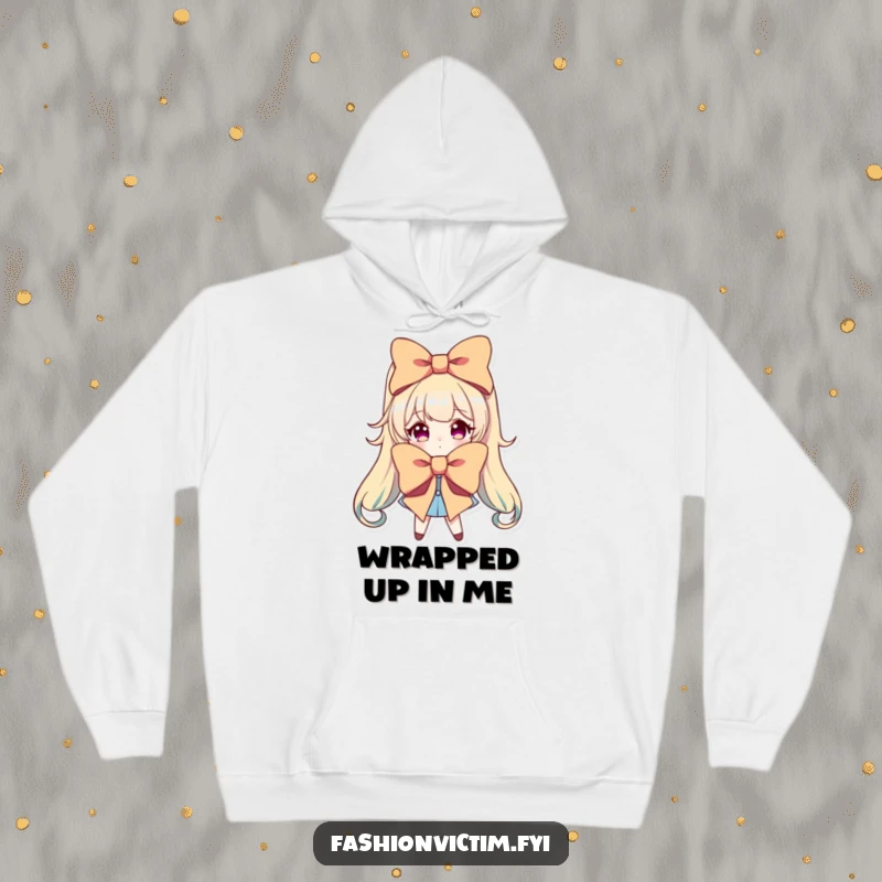 Funny hoodie depicting a character dramatically posing with a comically oversized and brightly colored bow, radiating confidence.