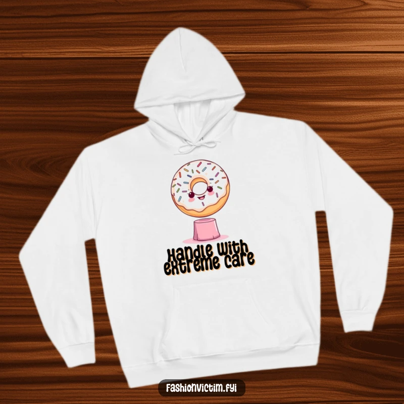 Funny hoodie featuring a dramatic donut with sprinkles taking center stage on a shaky pedestal, perfect for casual, humorous wear.