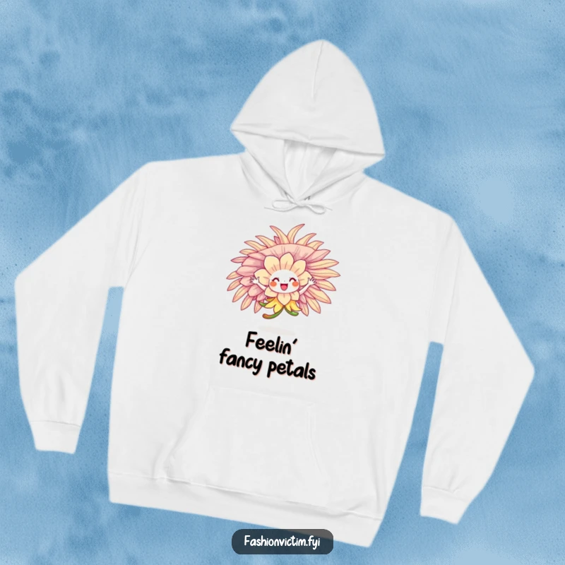 Funny flower character joyfully spinning in an oversized, feathered hat, featured on a comfortable hoodie.