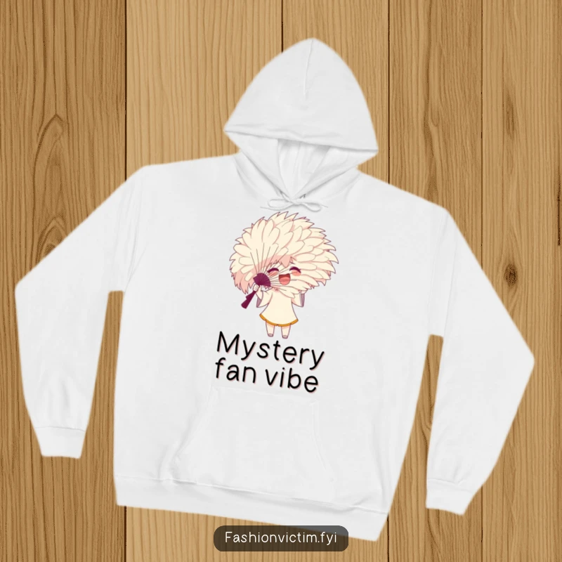Funny hoodie featuring an excited character gesturing with a large, feathery fan that hides their face, for warmth.