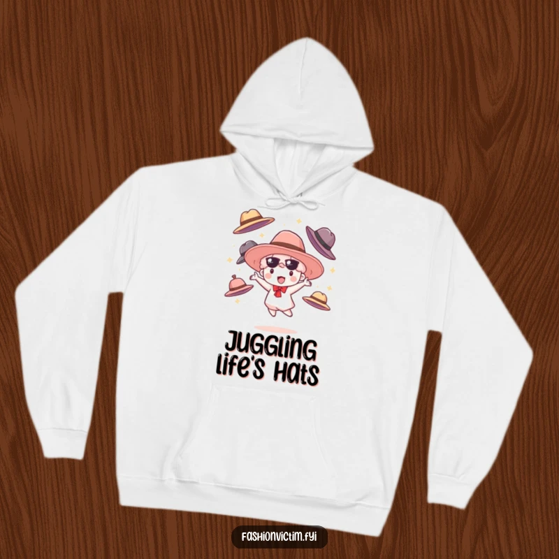 Funny hoodie showing a small cloudburst character gleefully juggling oversized fashionable hats, offering warmth and whimsical humor.