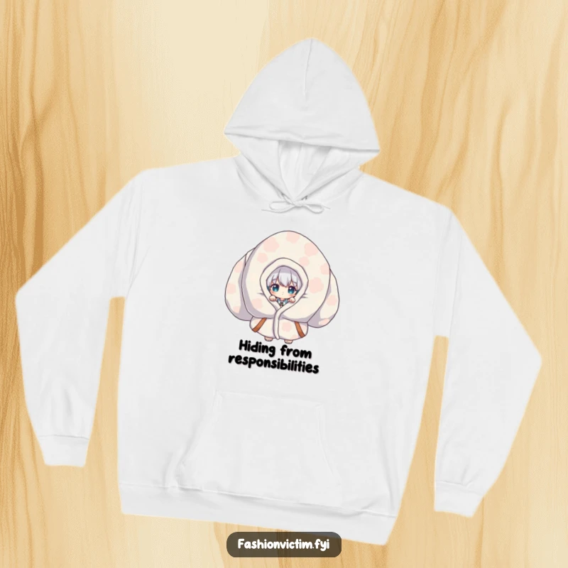 Funny Hoodie illustration of a shy character peeking from a massive, colorful patterned garment, embodying ultimate cozy concealment.