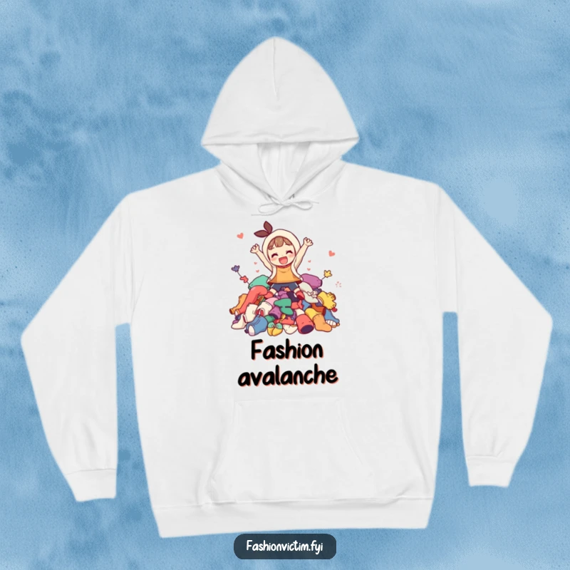 Funny hoodie design of a character happily plunging into a large, colorful mound of mismatched clothes, perfect for a cozy day.
