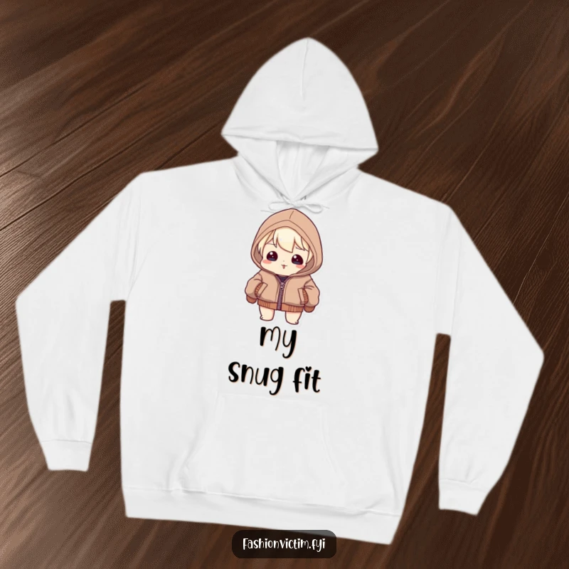 Funny Hoodie: A character straining to zip an impossibly small jacket, fabric stretched taut, representing a funny fashion dilemma.