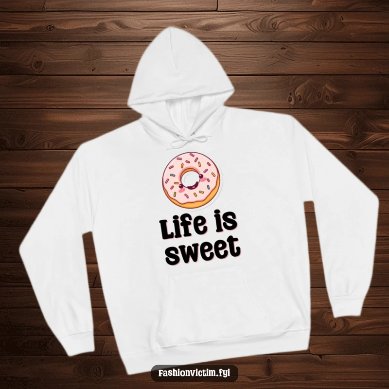 Funny Kawaii donut hoodie, a cheerful donut spinning with sprinkles, providing warmth and a humorous, sweet feel.