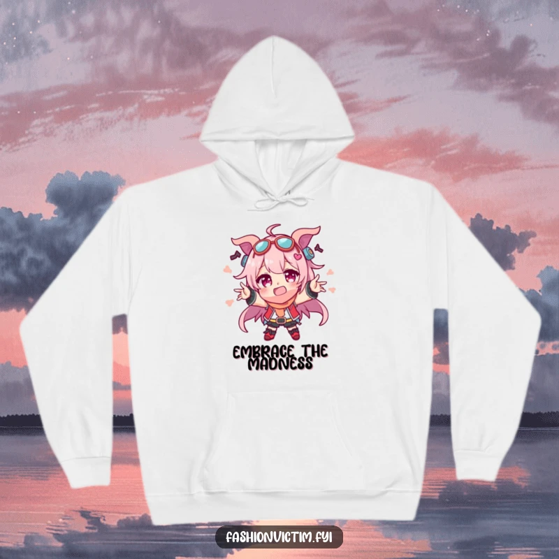 Funny hoodie featuring a character celebrating their unique style with a comical overload of mismatched, vibrant accessories, radiating cheerful chaos.