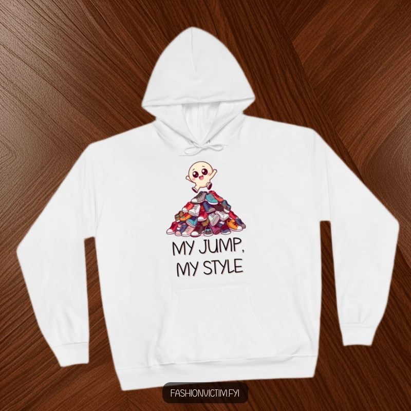 Funny hoodie with a small, round character with big eyes joyfully leaping over a towering pile of mismatched shoes.