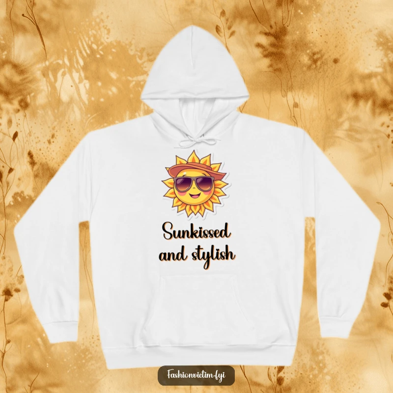 Funny Hoodie with a smiling sun character wearing oversized sunglasses and a stylish hat, perfect for cool days.