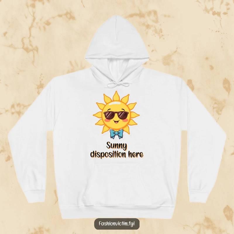 Funny hoodie featuring a smiling sun wearing sunglasses and a tiny bowtie. Cozy, humorous outerwear.
